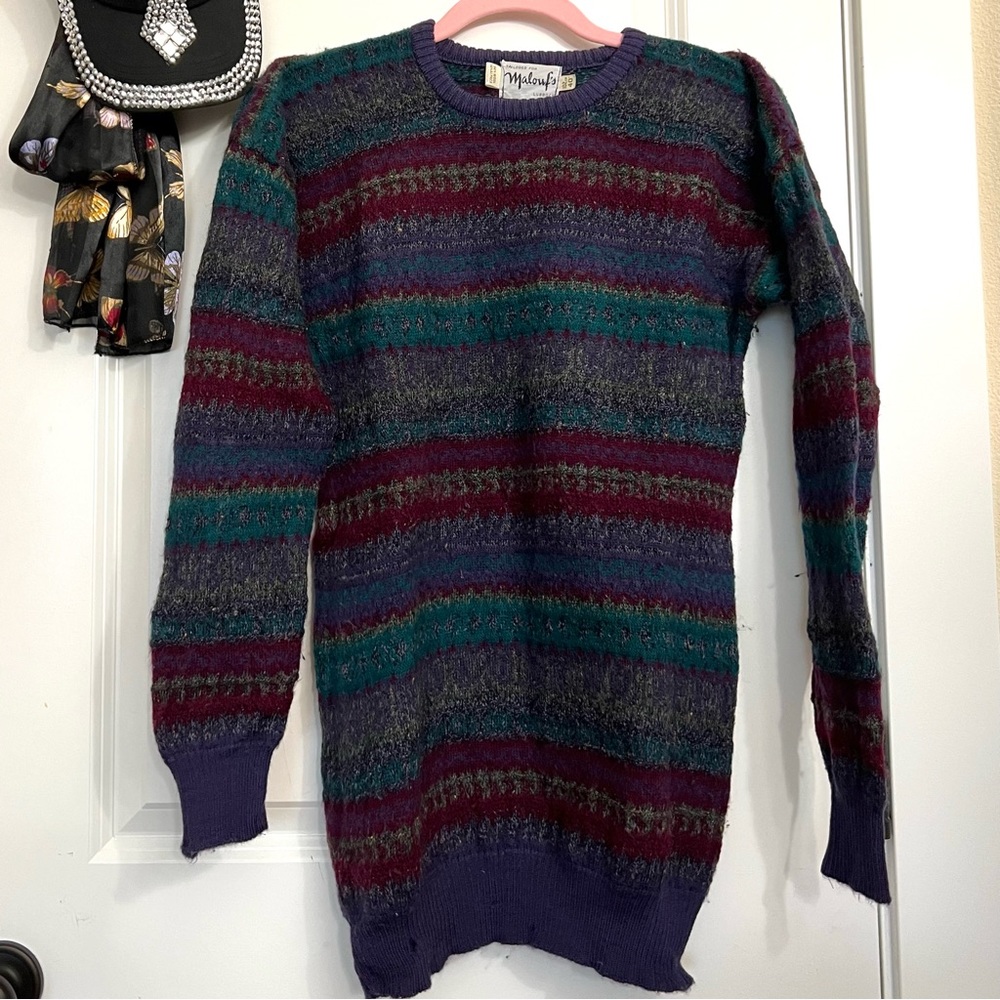 Colette Malouf Vintage Geometric Boho Abstract Stripe Alpaca Wool Mohair Sweater